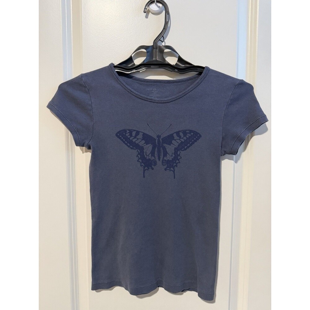 Brandy Melville Butterfly Baby Tee Blue Ribbed Fitted Y2K Graphic Top
